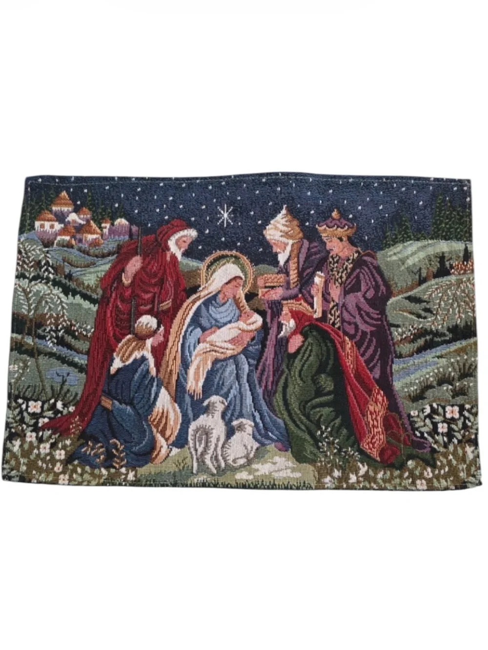 Nativity Placemats Vintage Tapestry Set of 2 Old World Christmas Woven